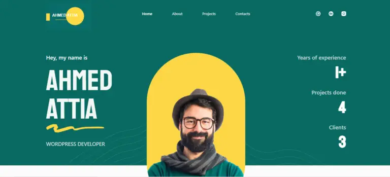 Personal website homepage of a WordPress developer named Ahmed Attia, featuring a portrait photo, contact info, and statistics on experience, projects, and clients.